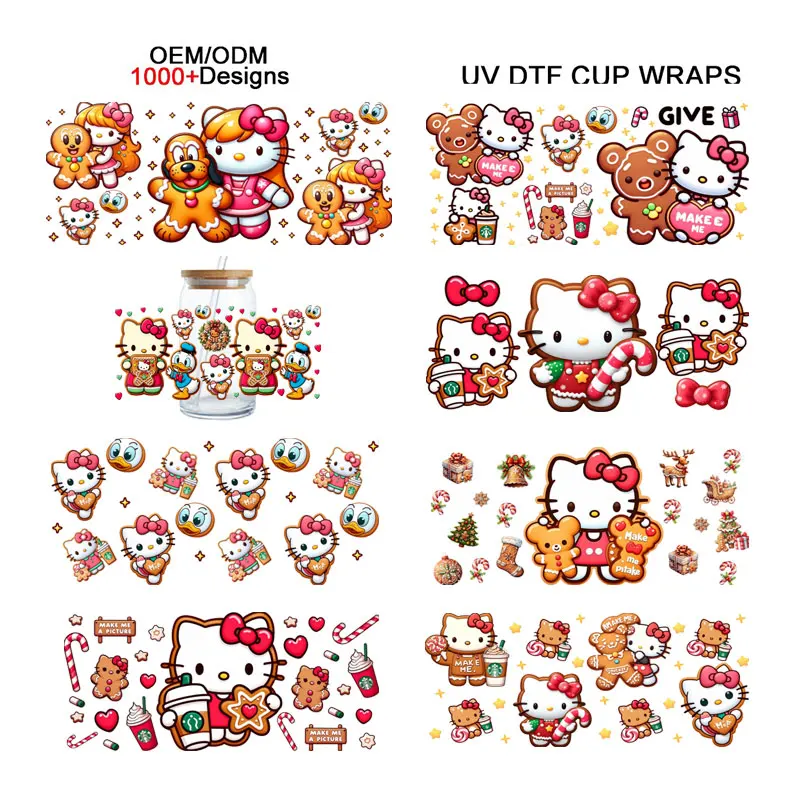 Best Price 3d Double Side Christmas kt cat UV DTF Cup Wraps Transfers Custom 16 oz 20oz Cartoon Designs Stickers for 16oz Cups
