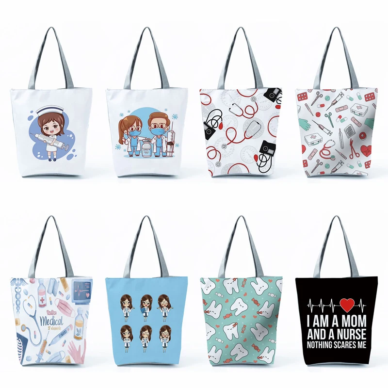 Cartoon Customized Nurse Print Canvas Tote Women Designer Shoulder Bag For Groceries