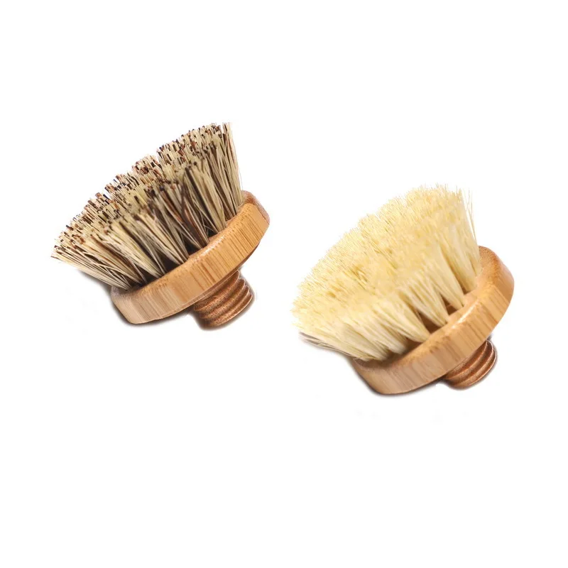 Customized Logo Dish Brush Bamboo Palm Kitchen Cleaning Pot Brush Long Handle Spiral Sisal Replacement Brush Head