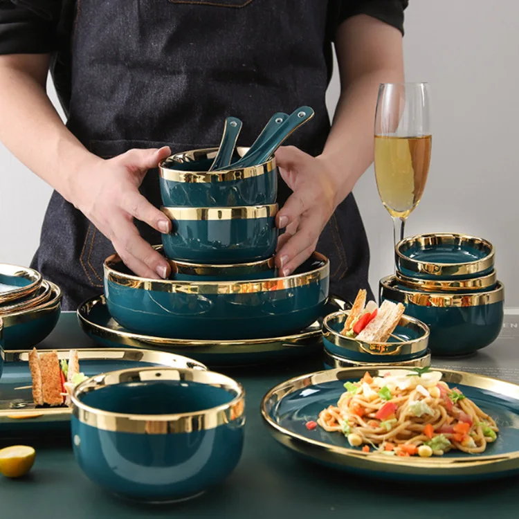  Wholesale Nordic Dark Green Black Crokery Fine Bone China Tableware Porcelain Ceramics Plates Dinnerware Dinner