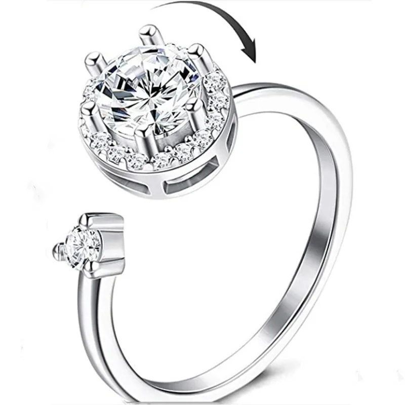 2023 Hot Selling Copper Silver Plated Anti-anxiety Finger Rings For Women Micro-embedded Spinner Zircon Ring