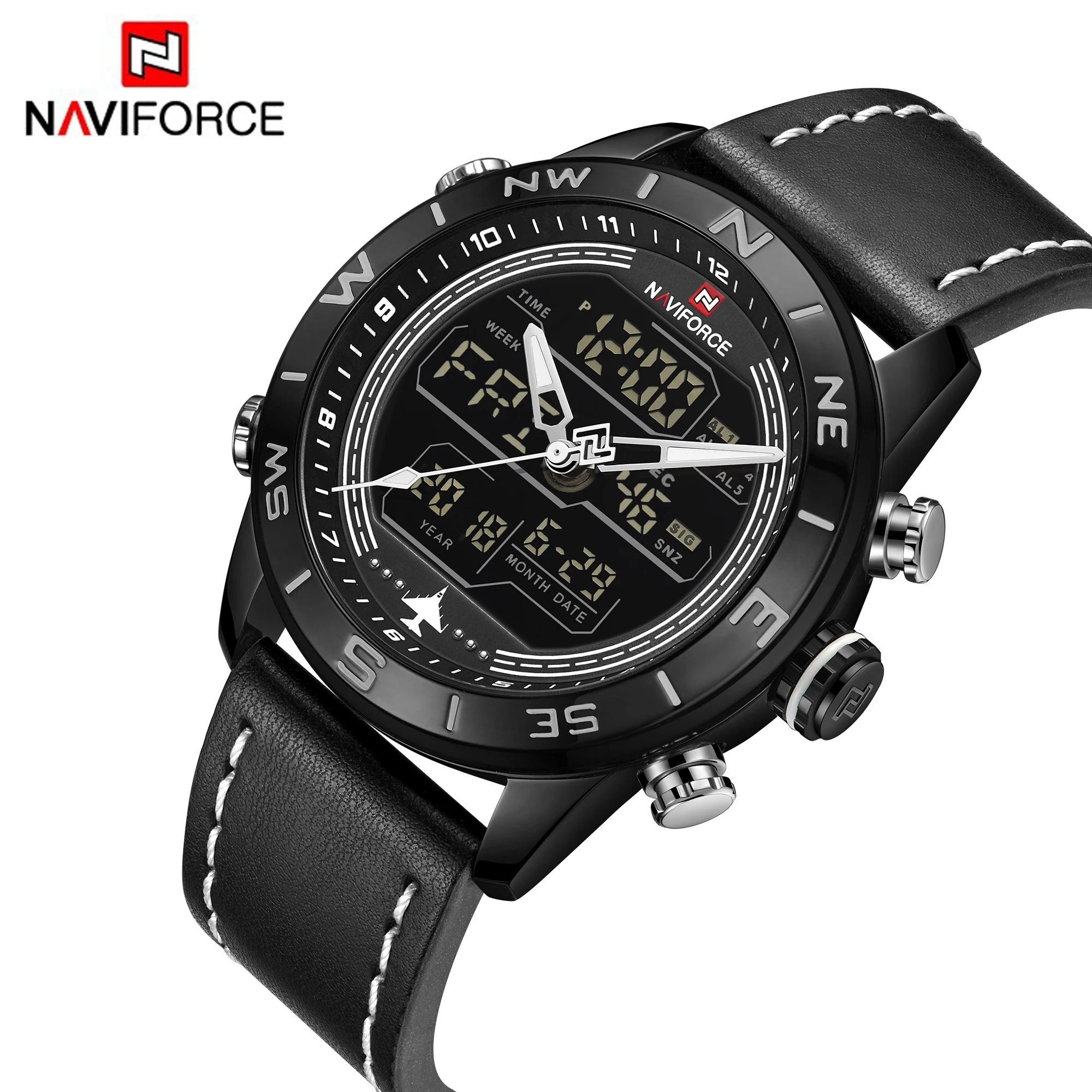 
2020 naviforce 9144 quartz analog digital watches OEM design water resistant led digital leather western wrist watch for man 