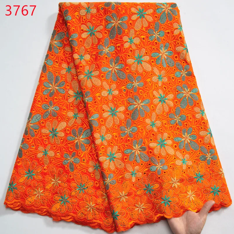 3767 High Quality Nigerian Cotton Embroidered 2024 Swiss Voile Lace 5 Yards African Lace Fabric With Crystals Dresses for Women