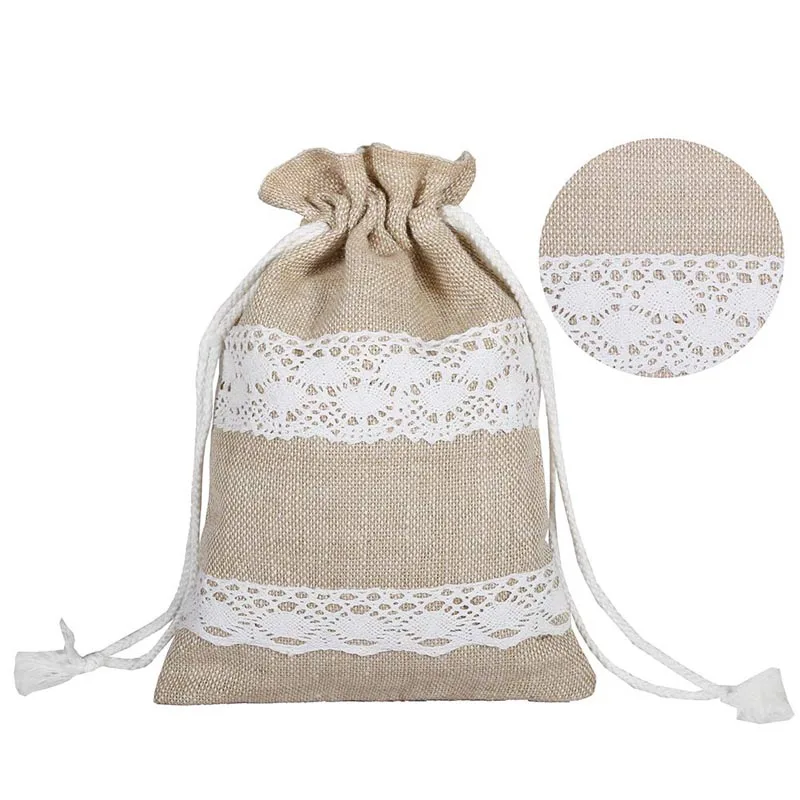 customized underwear packaging gift bag100% nature cotton linen strings bag with beautiful lace