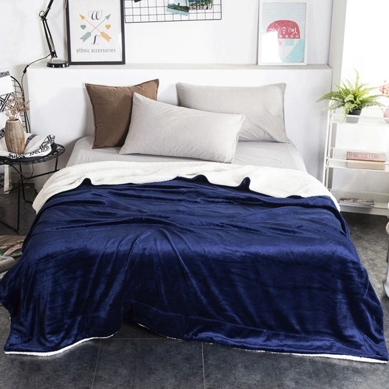 Мягкое двустороннее Флисовое одеяло, очень толстые фланелевые одеяла из шерпы, темно-синие двухслойные одеяла из овечьей шерсти на зиму