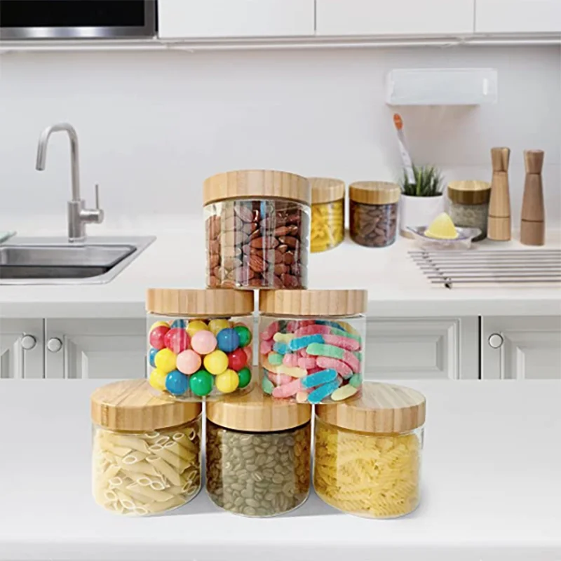 Wholesale custom shape and capacity empty 100ml 350ml 500ml 800ml 1000ml 8 oz 16oz 32oz Food Grade plastic jar with wooden lids