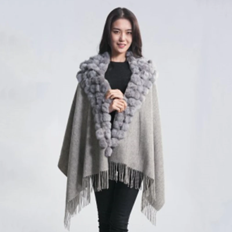 Wholesale cheap fashion warm Rex rabbit shawl winter lady pretty clothing rabbit pom fur shawl
