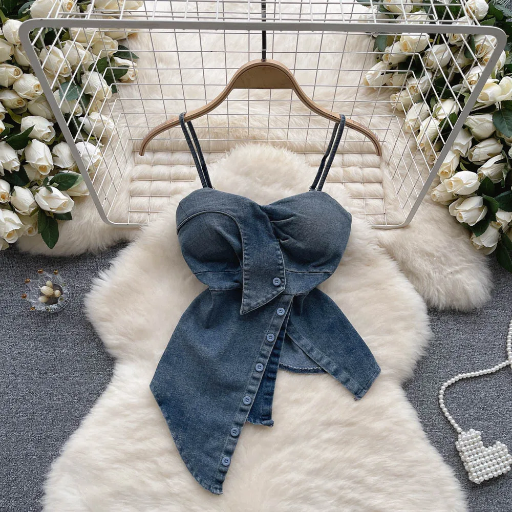 Summer Sexy Denim Crop Top Women Sleeveless Strapless Solid Vintage Cami Tank Top Girls Bustier Corset Top Wholesale