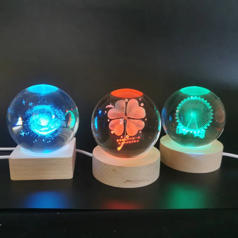 Creative 3d Crystal Ball Night Light For Decoration Wooden Base Led Night Lamp Planet Decor crystal ball little night light