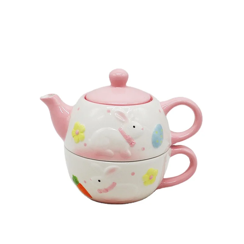 Ceramic Easter Day Tea for One Teapot Set Pink Rabbit Gifts Sets With