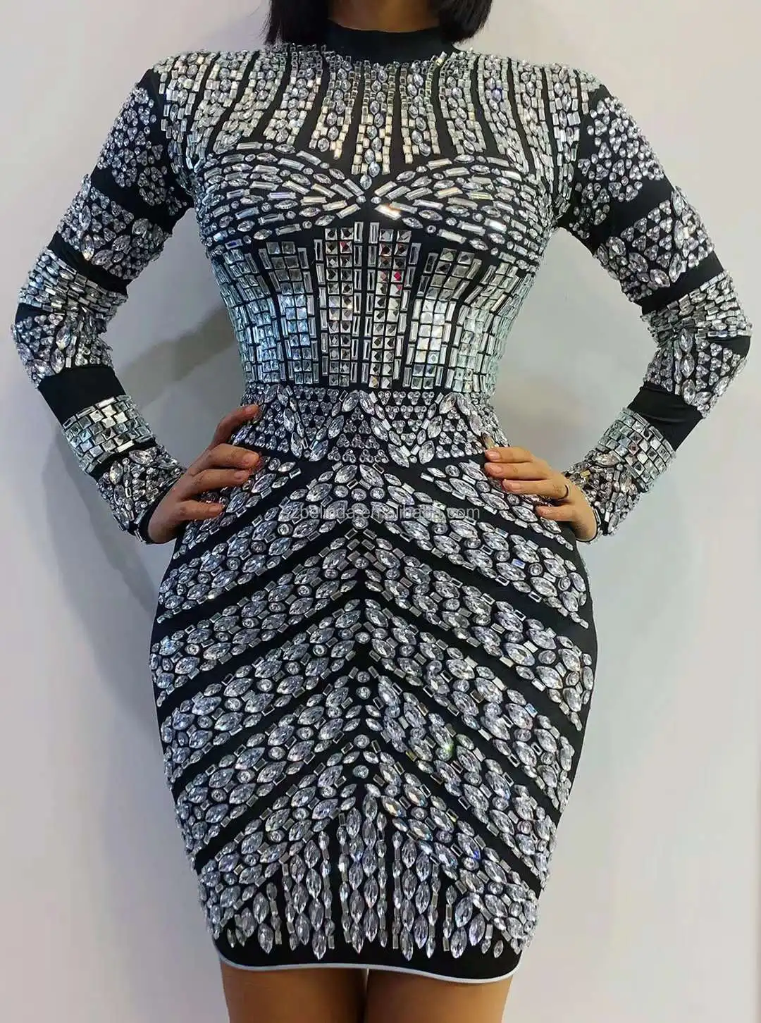 New Design Transparent Crystals Turtleneck Black Velvet Dress Evening Sexy Chains Dance Costume Birthday Sleeves Dress