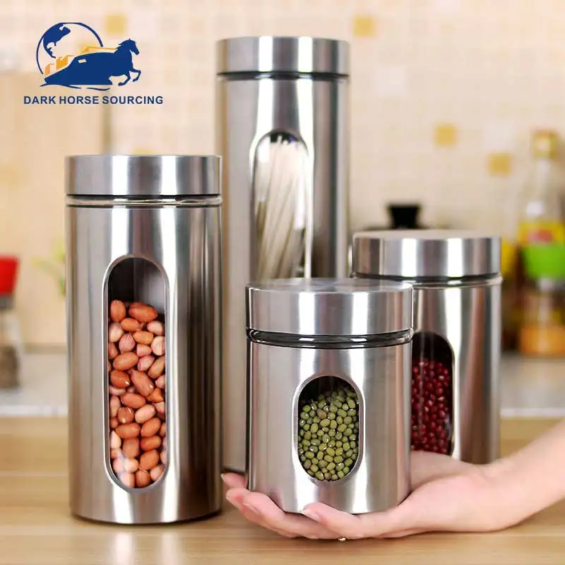 Newest Kitchen supplies sealed visual glass stainless steel food storage jar grains food container jar