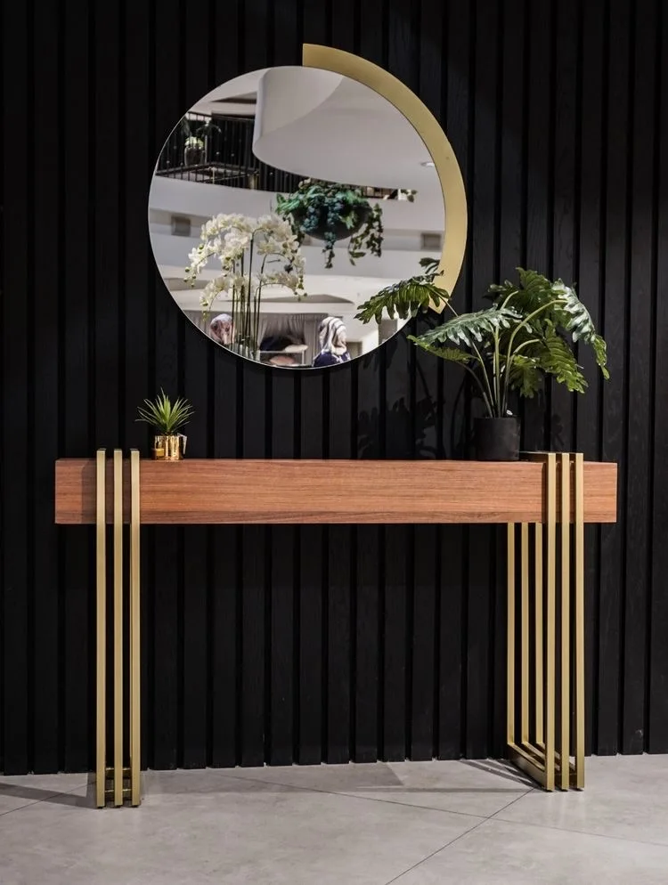 Cheap Price Metal Art Designer Hotel Hall Stainless Steel Marble Entryway Living room Corner Console table with Mirror