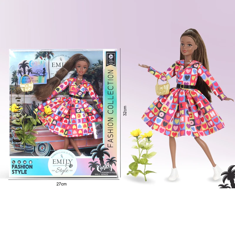 EMILY 11.5-inch 11 joint wearing plaid skirt, white shoes, brown long curly hair dolls for girls black best gift