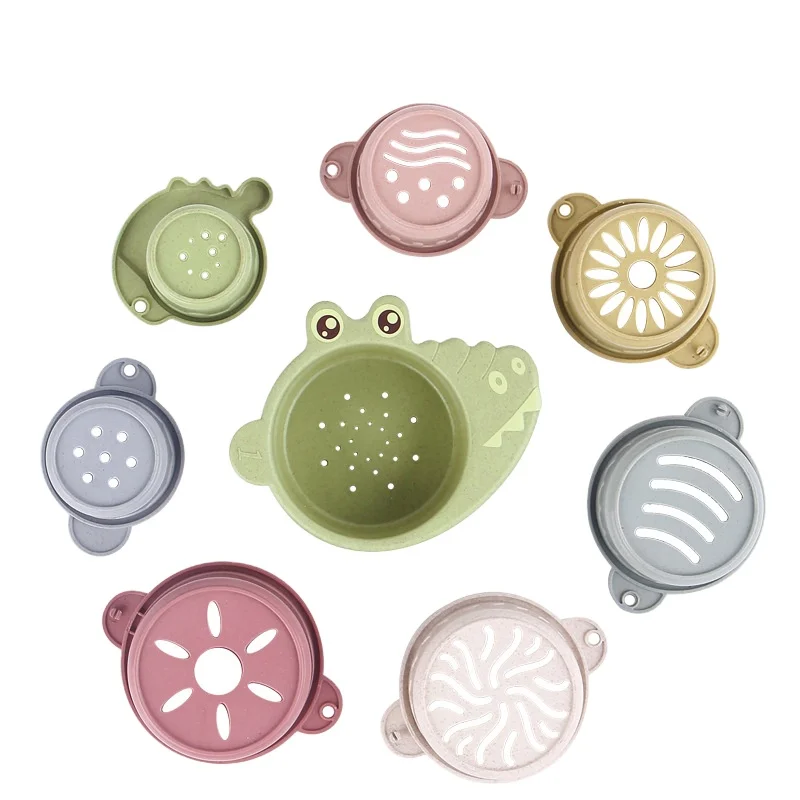 2022 New Cheap Kids Toy Supplier Wholesale Eco Baby Wheat Straw Colorful Bath Stacking Cup Educational Toy Set