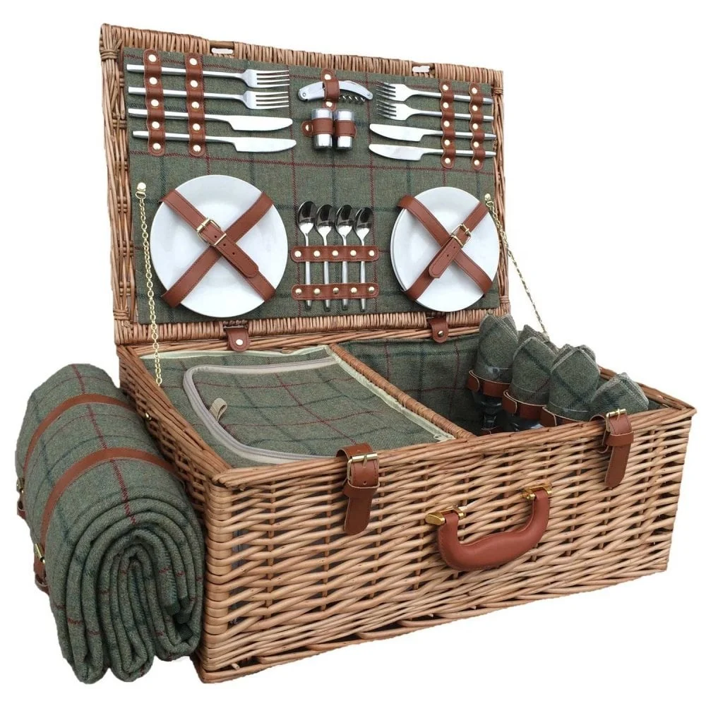 Factory Rattan Wicker Handwoven Insulated With Lid Handle Picnic Basket Box Portable Storage Basket