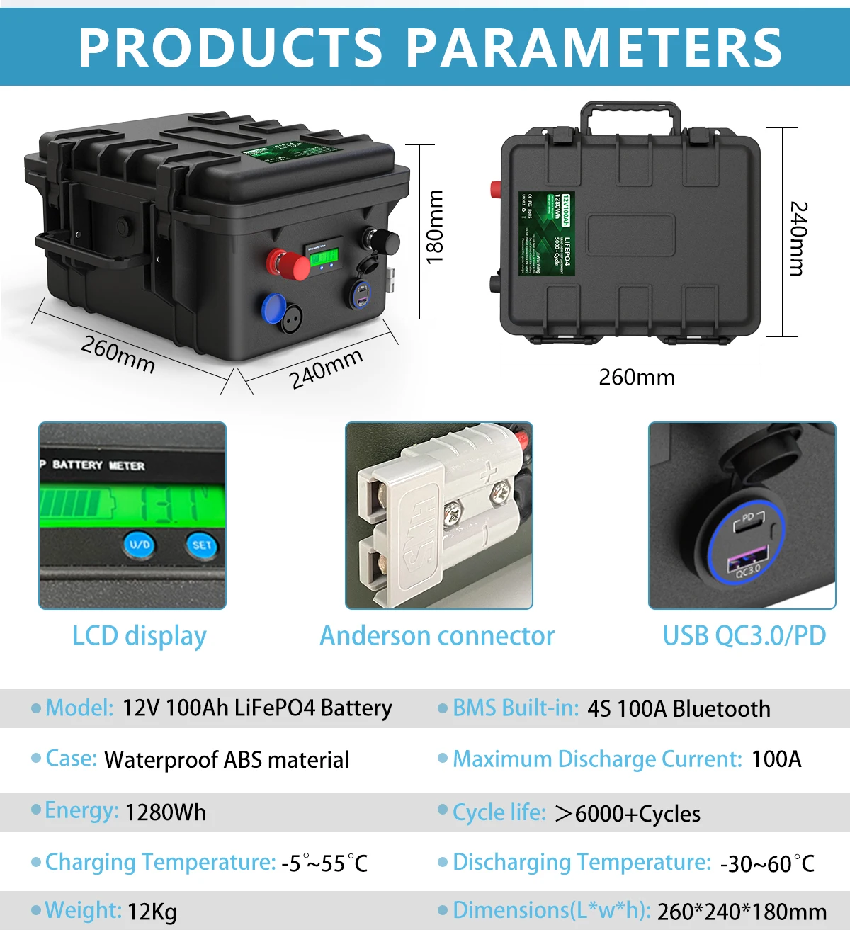 CERRNSS 12V 100Ah LiFePO4 Lithium Battery Portable Power Station Power Bank Solar Battery