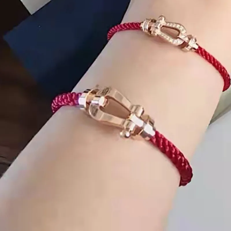 Horseshoe buckle red rope Fred wire rope bracelet men and women rose gold this year couple diamond-studded DIY hand rope