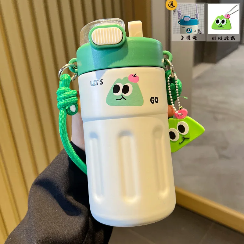 Md128 New 316 Stainless Steel Thermos Cup Cute Cartoon 500Ml Tumblers Portable Double Drinking Straw Coffee Cup  For Girls