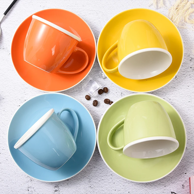 Wholesale Custom assorted colors hand made cup cappuccino simple ceramic tea cup and saucer coffee cup with saucer set