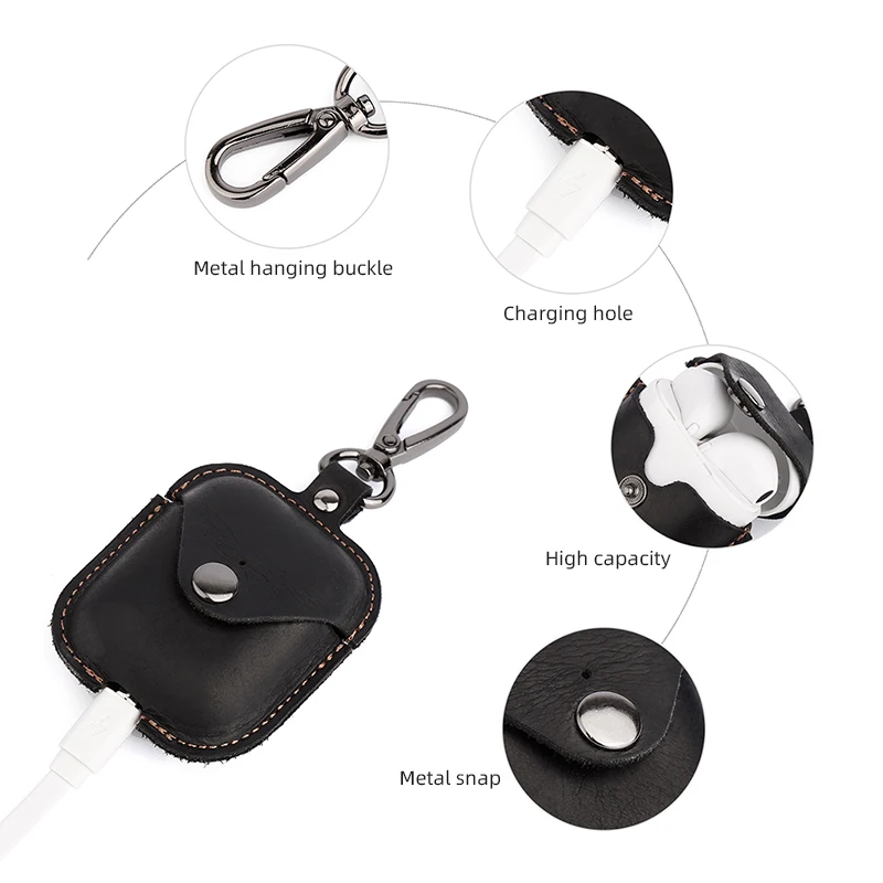 Best Selling Handheld Portable Travel Mini Durable First Layer Cowhide Headphone Storage Bag With Metal Buckle