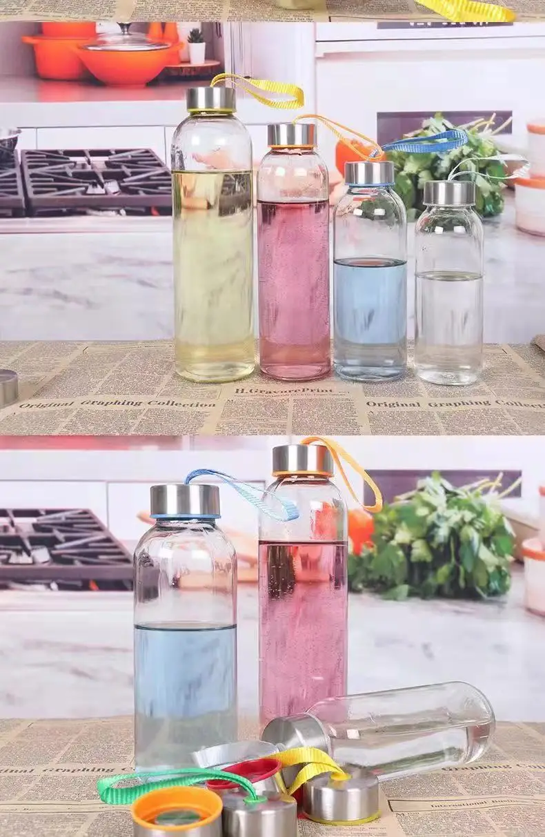 Multi-Size Colorful Wholesale with Cover Glass Water Bottle Clear Drinkware Cheap Glass Water Bottle