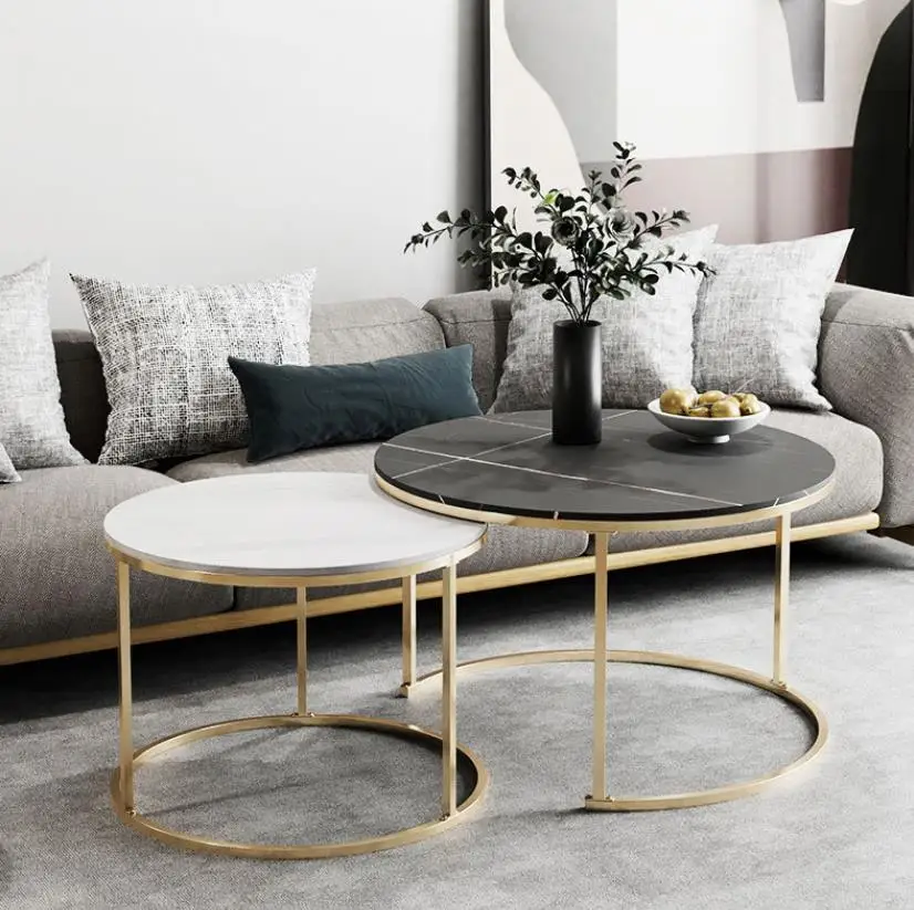 2022 new arrival wholesale cheap modern design minimalist small apartment round set marble rock slab coffee table tea table