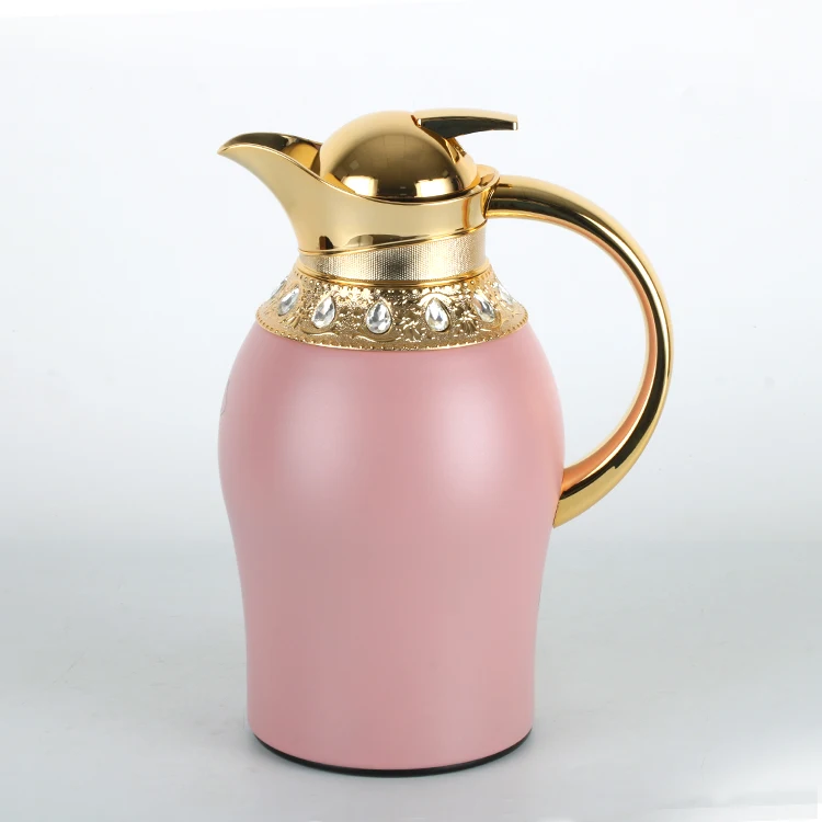 Classic Arabic Diamond Decoration 700ml PINK Metal Body Glass Inner Vacuum Flask Insulated Dallah pot