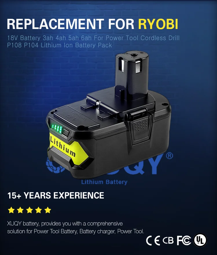 Replacement For Ryobi 18V Battery 5000mAh 5Ah For Power Tool Cordless Drill P108 P104 Lithium Ion Battery Pack