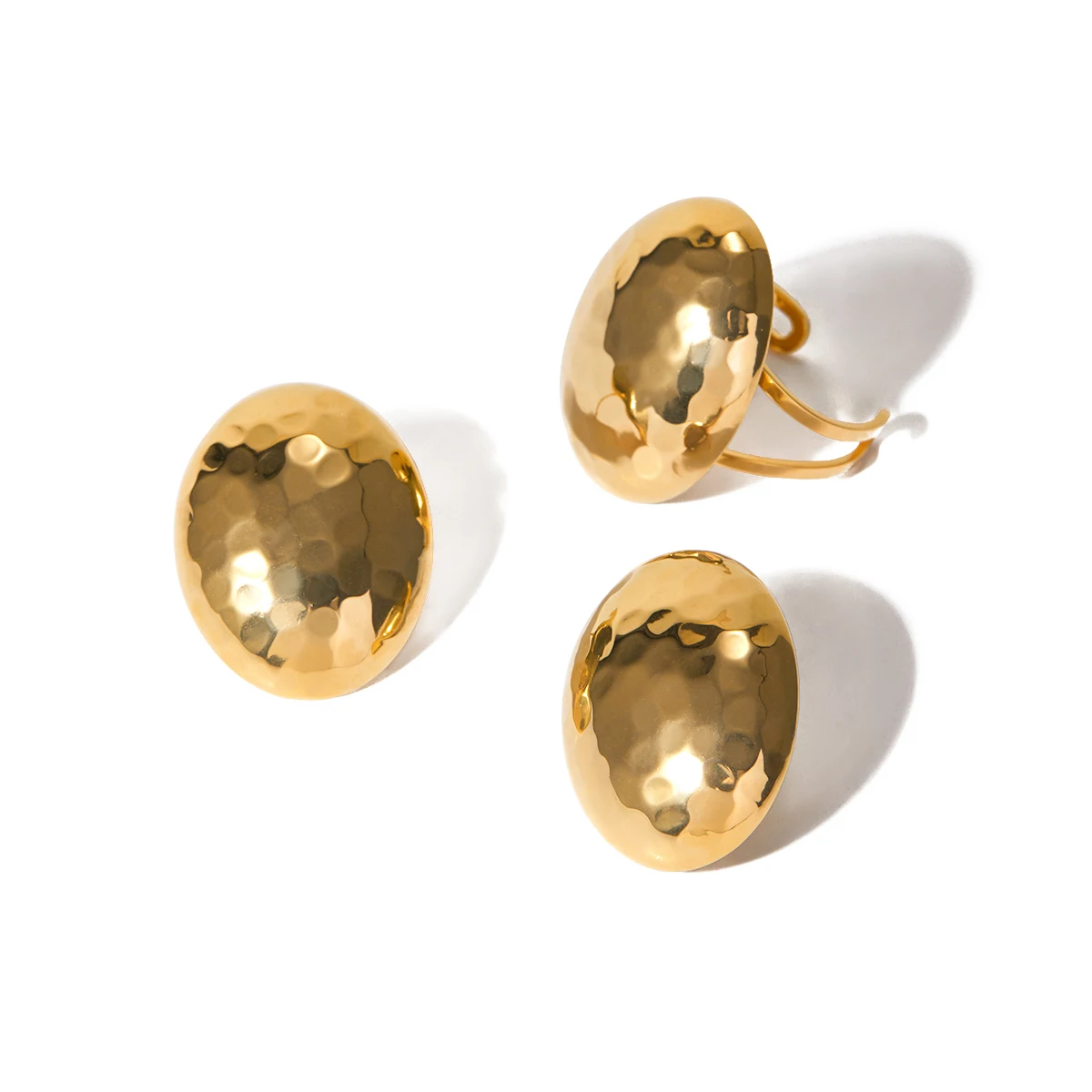 J&D Luxury Dainty 18K Gold Plated Hoop Earrings Stainless Steel Hammered Chunky Oval Earrings Ring Sets