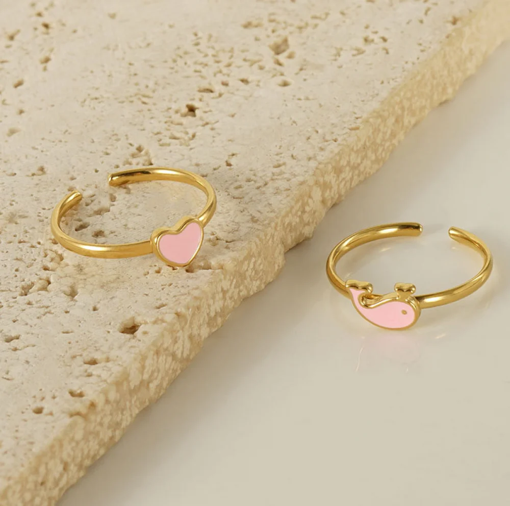 Cute Fashion Jewelry Girls Stainless Steel Gold Plated Dolphin Open Adjustable Pink Enamel Oil Drip Love Heart Rings