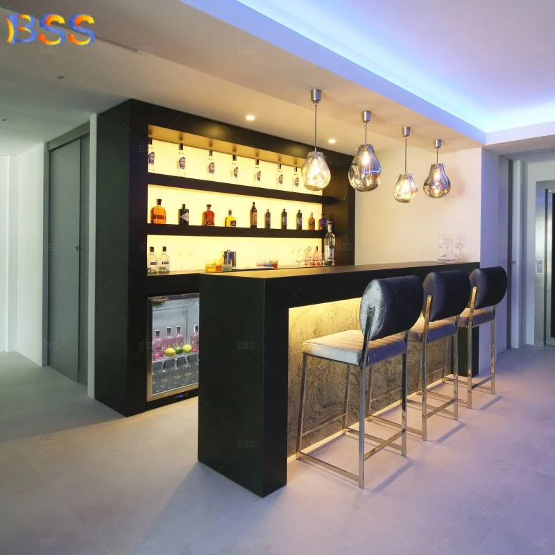 Home Bar Supplier Prefabricate Hot Sale Nice Exclusive OEM Premium L Sharp Wood Marble Home Bar With Wall Wine Shelves
