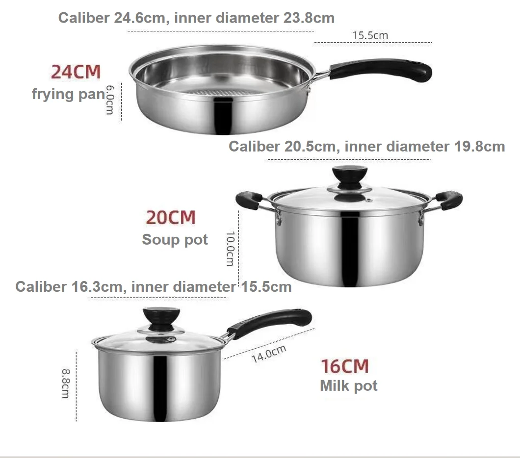 Stainless steel pot set gift pot three-piece set soup milk pot frying pan,Electric wood handle three piece set,hot selling model