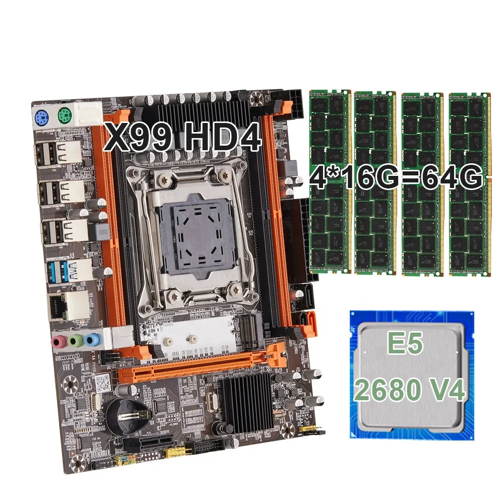 X99 LGA 2011-3 motherboard kit xeon x99 E5 2680 V4 CPU Processor 2.40GHz 14-Core 35M And DDR4 64G Memory