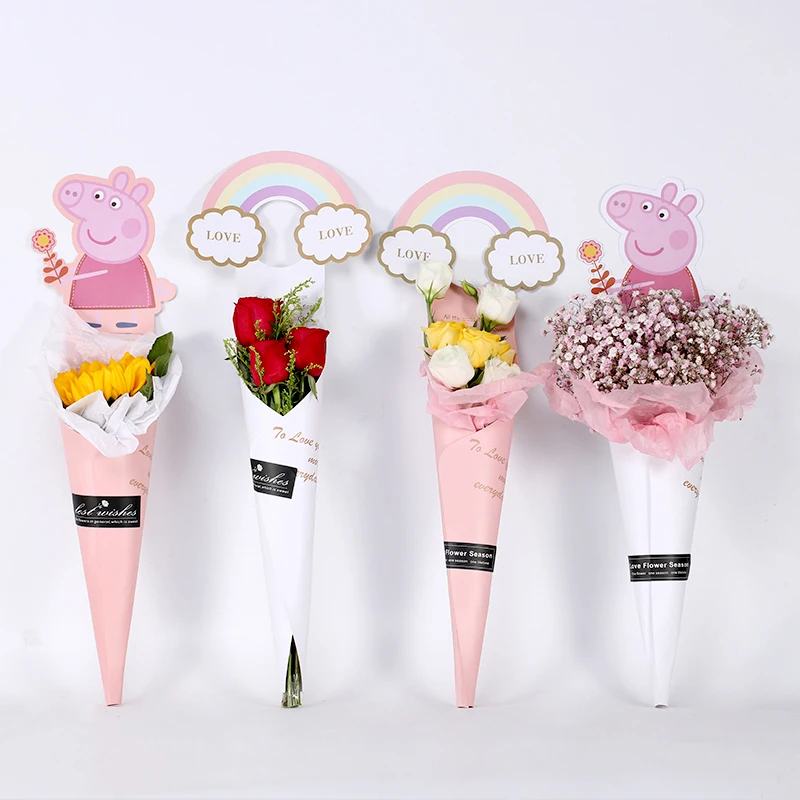 Cheap cartoon bouquet paper recycled colorful flower wrapping sleeve