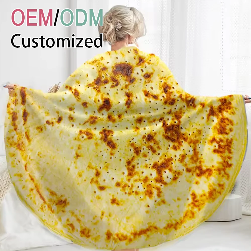 Soft and warm custom LOGO Printing Sublimation Double sides printing flannel fleece tortilla throw round buritto Pizza blanket