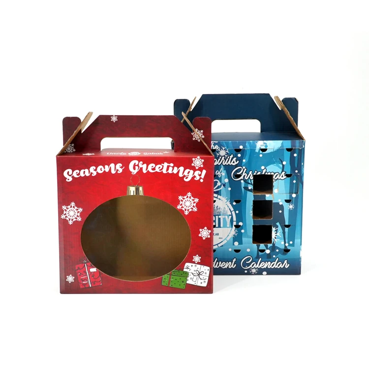 Christmas Custom Printed Red Blue Corrugated Bottle Wine Beverage Paper Gift Box With Transparent Window Opening