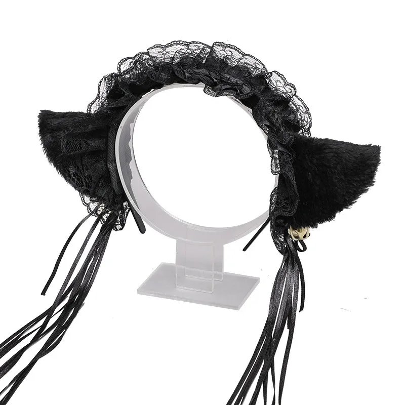 Gothic Lolita Maid Women Girl Ruffles Lace Headband Plush Cat Ears Ribbon Bell Anime Lolita Cosplay Hair Hoop