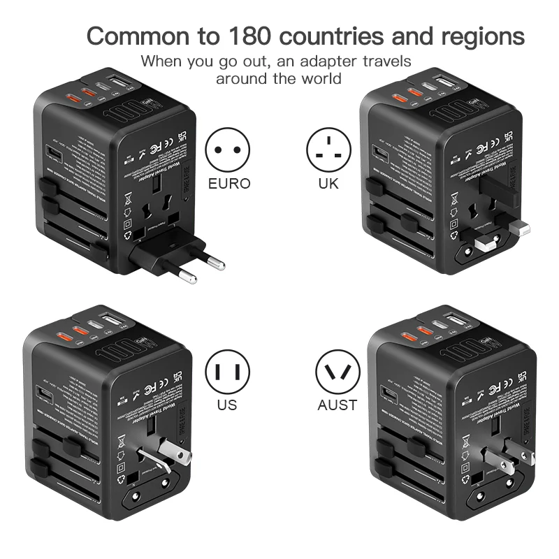 Worldplug International Travel Power Adapter 1 USB Port 4-Outlet Universal Travel Wall Charger GAN 1 USB 4C Adapter Electrical