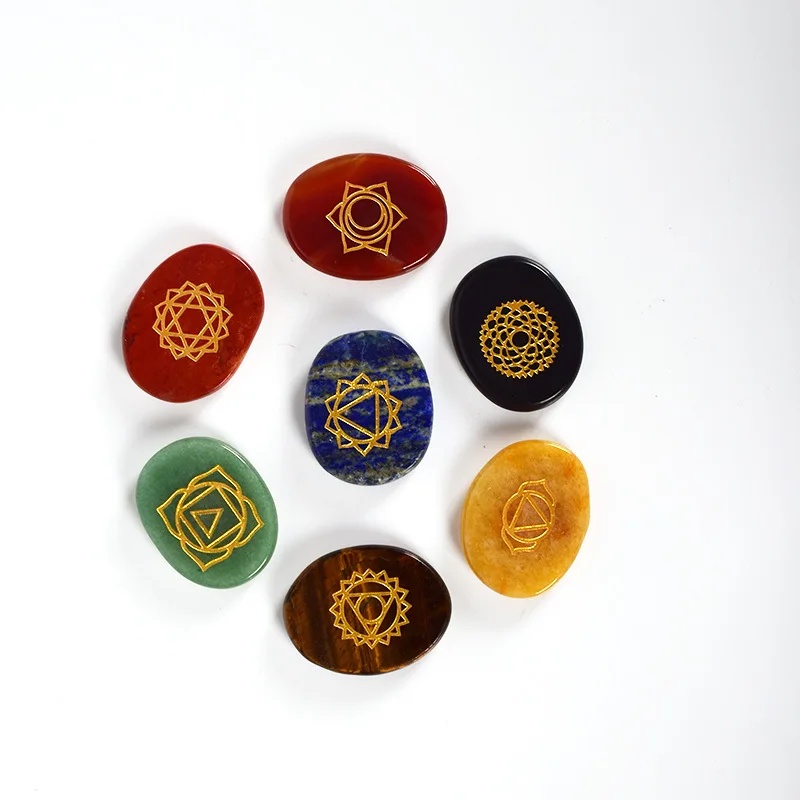Wholesale Custom Round Oval Shape Engraved Words Patterns Inspiration 7 Chakra Power Worry Stone