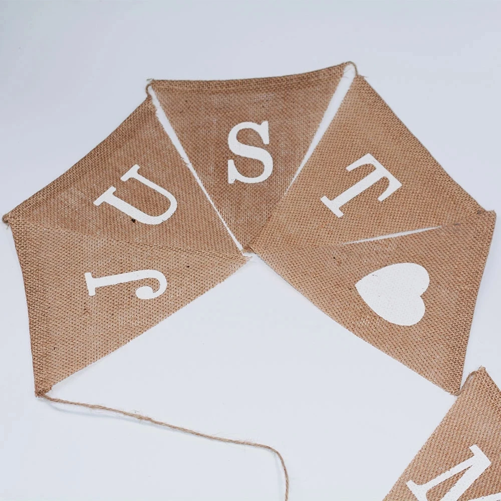 Hanging Linen Jute Rope JUST MARRIED Burlap Banners Wedding Anniversary Party Flax Bunting Flag Pennant Decors Favors