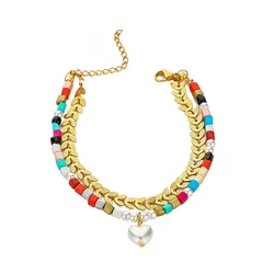 Feminine Type2 Layered Bohemia Colorful Seedbeads Bracelet Heart Pearl Pendant Wheatear Stainless Steel Bracelet For Women