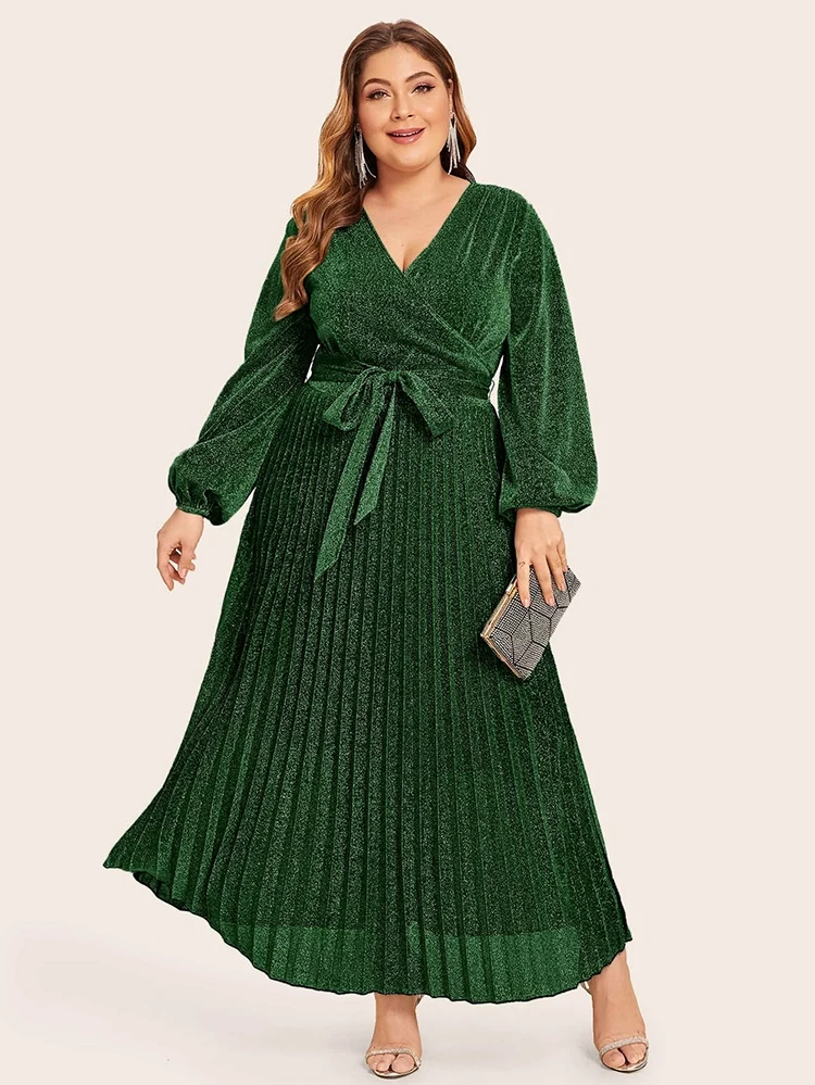 Yindian OEM Fashion party evening dress Ladies long bishop sleeves Shiny Pleated With Belt plus size Dress