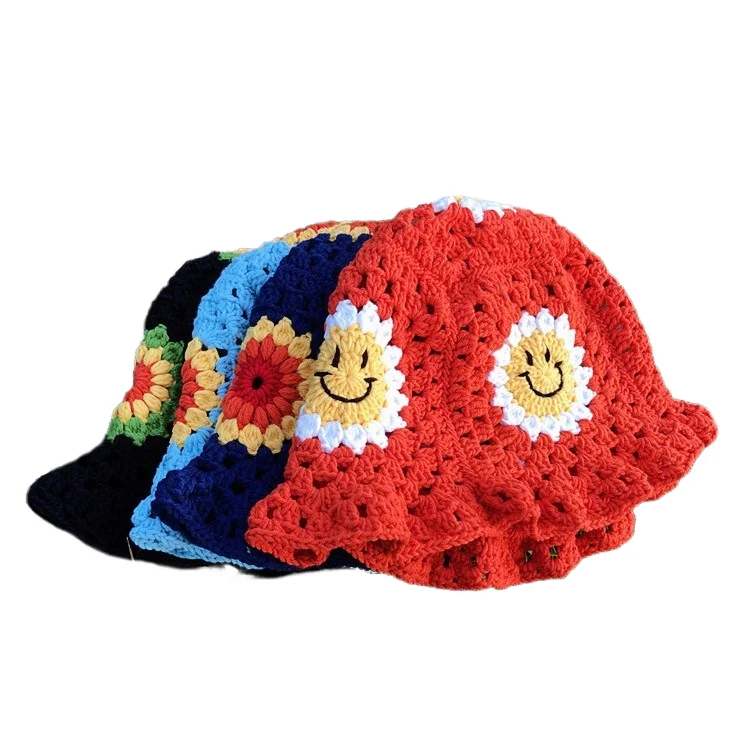 Crochet Smiley Flower Bucket Hat Women Trendy Knit Floral Floppy Cap Boho Flower Handmade Beanies Outdoor Travel Fishing Hat