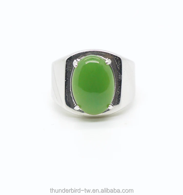 Factory manufacturer natural genuine green jade A grade 10x14mm oval cabochon silver ring