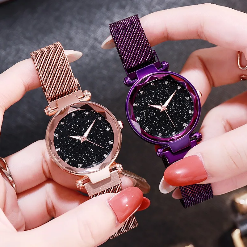 
New Fashion Women Luxury Stainless Steel Mesh Belt Ladies Starry Sky Magnet alloy Ladies Wrist Watch 