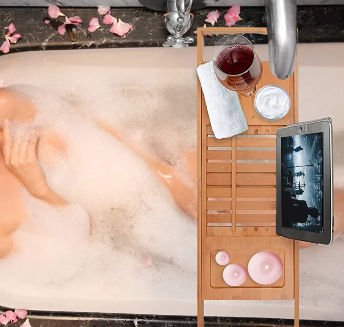 
Expandable Premium Wood Bamboo Bath Caddy Tray with Book, Wine Holder for Ideal Gift for Loved Ones 