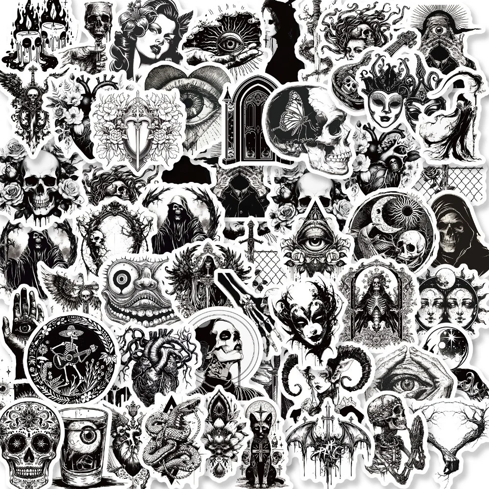50 PCS Hot Selling Black & White Personality Gothic Style Stickers, Skull Cool Fashion Horror Series Waterproof Stickers