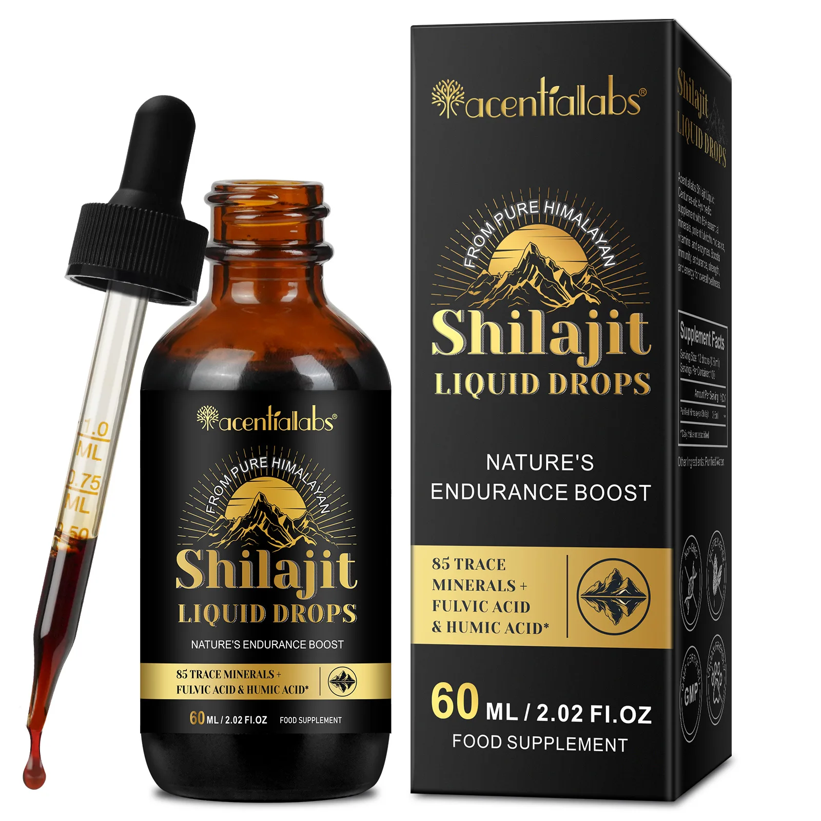 Acentiallabs 85 trace minerals 60ml himalayan shilajit liquid drops 100% pure shilajit supplement pure himalayan shilajit drops
