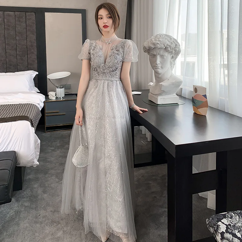 Grey Glittering  Bridesmaid Wedding Dress Women Fairy 2021 Sisters Long Flare Satin Tulle Evening Dress